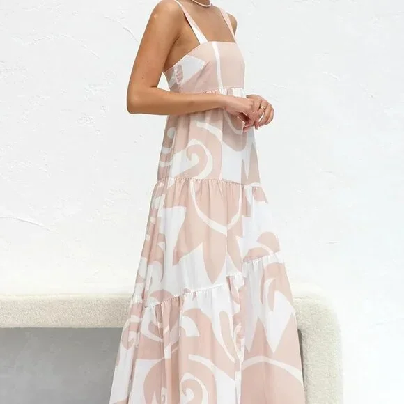 Women's Flowy Maxi Sundress Sleeveless Abstract Print Beach Vacation Wear - Picture 3 of 9